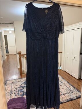 Adrianna Papell Navy Shimmer Pleated V-Neck Maxi Dress